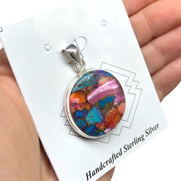 Kingman Pink Dahlia Turquoise Necklace Pendant Solid Sterling Silver 925 Western - Picture 5 of 7